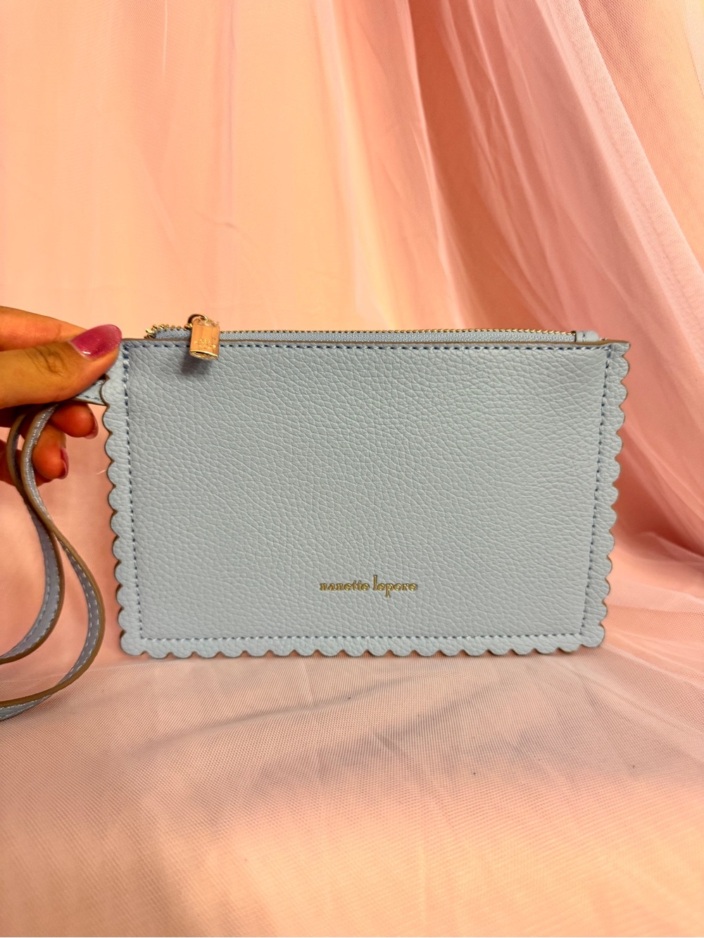 👝Nanette Lepore Blue Pebbled GinghamWristlet w Wrist Strap Gold Hardware